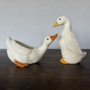 Vintage White Ceramic Duck Goose Planter Set Cottagecore Chic Soap Dish 80s